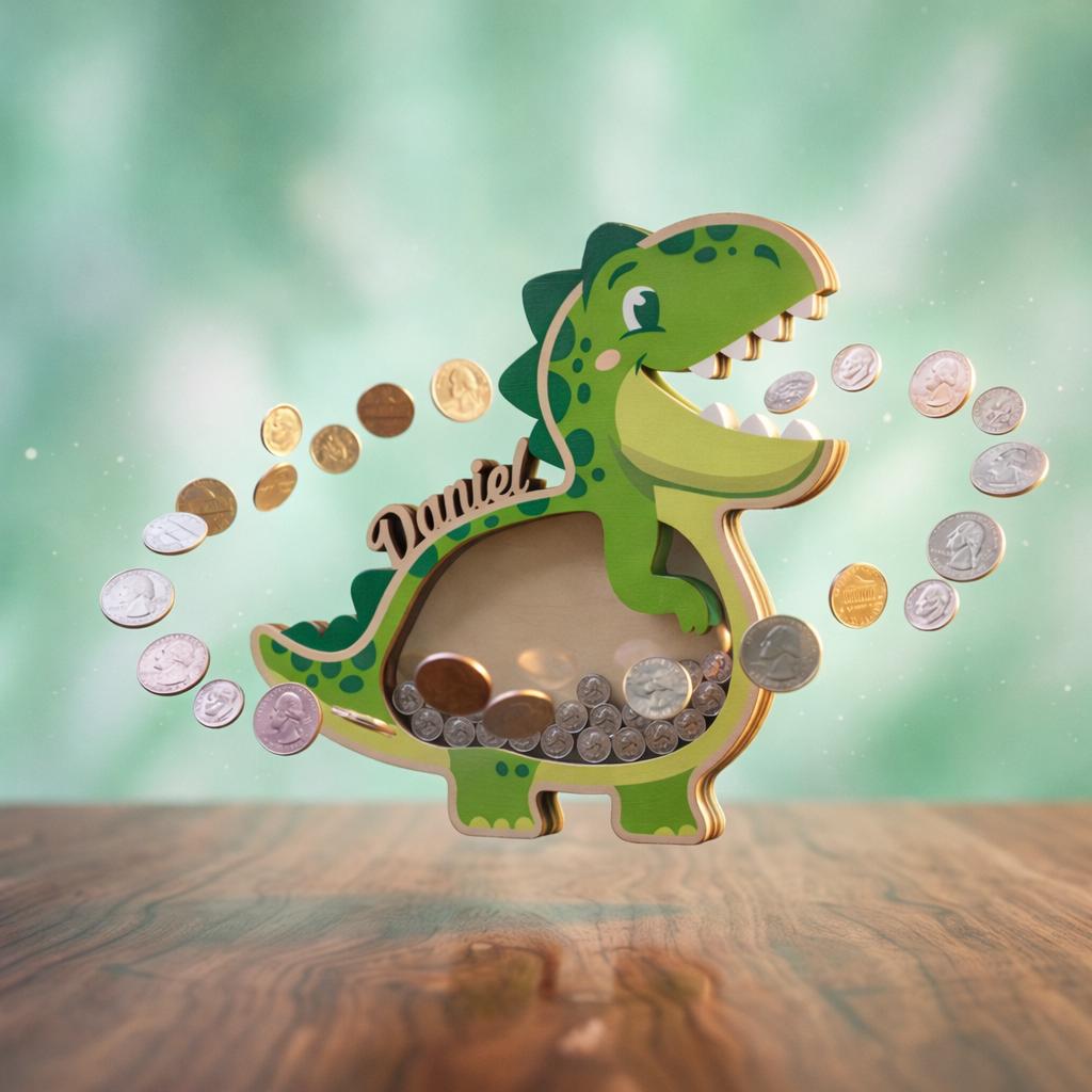 Personalized Dinosaur Piggy Bank with Name, Custom Wooden T-Rex Coin Bank, Kids Money Bank, Birthday Gift for Boys