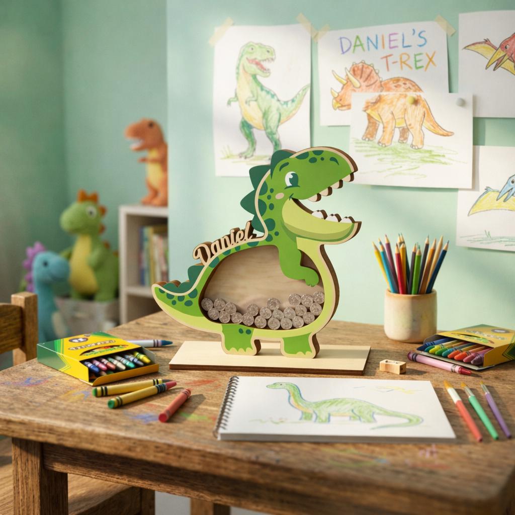 Personalized Dinosaur Piggy Bank with Name, Custom Wooden T-Rex Coin Bank, Kids Money Bank, Birthday Gift for Boys
