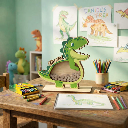 Personalized Dinosaur Piggy Bank with Name, Custom Wooden T-Rex Coin Bank, Kids Money Bank, Birthday Gift for Boys