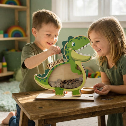 Personalized Dinosaur Piggy Bank with Name, Custom Wooden T-Rex Coin Bank, Kids Money Bank, Birthday Gift for Boys