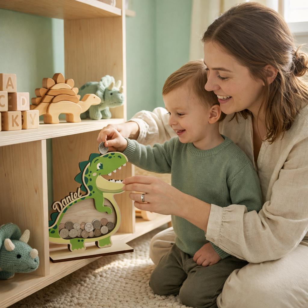 Personalized Dinosaur Piggy Bank with Name, Custom Wooden T-Rex Coin Bank, Kids Money Bank, Birthday Gift for Boys