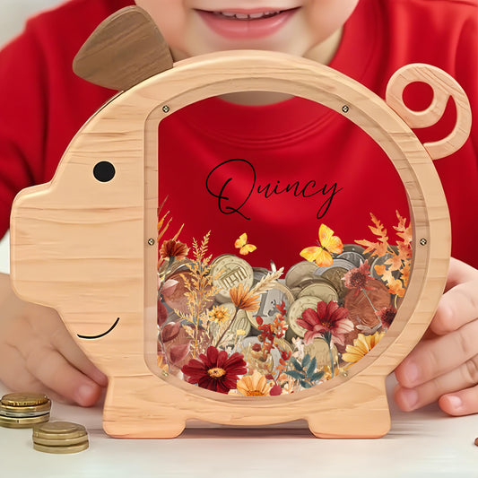 Personalized Wildflower Wooden Piggy Bank, Custom Floral Money Box, Baby Girl Keepsake, Boho Nursery Decor