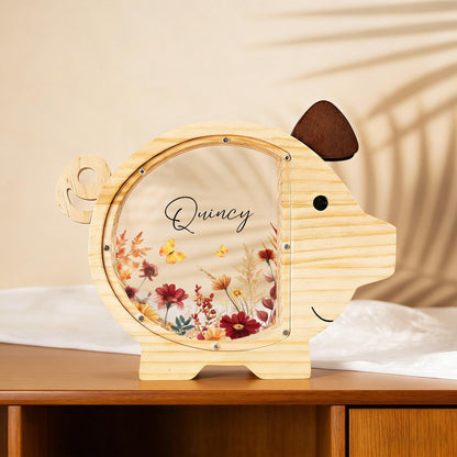 Personalized Wildflower Wooden Piggy Bank, Custom Floral Money Box, Baby Girl Keepsake, Boho Nursery Decor