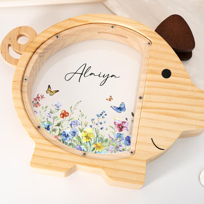 Personalized Wildflower Wooden Piggy Bank, Boho Nursery Decor, Baby Girl Keepsake, Floral Baby Shower Gift
