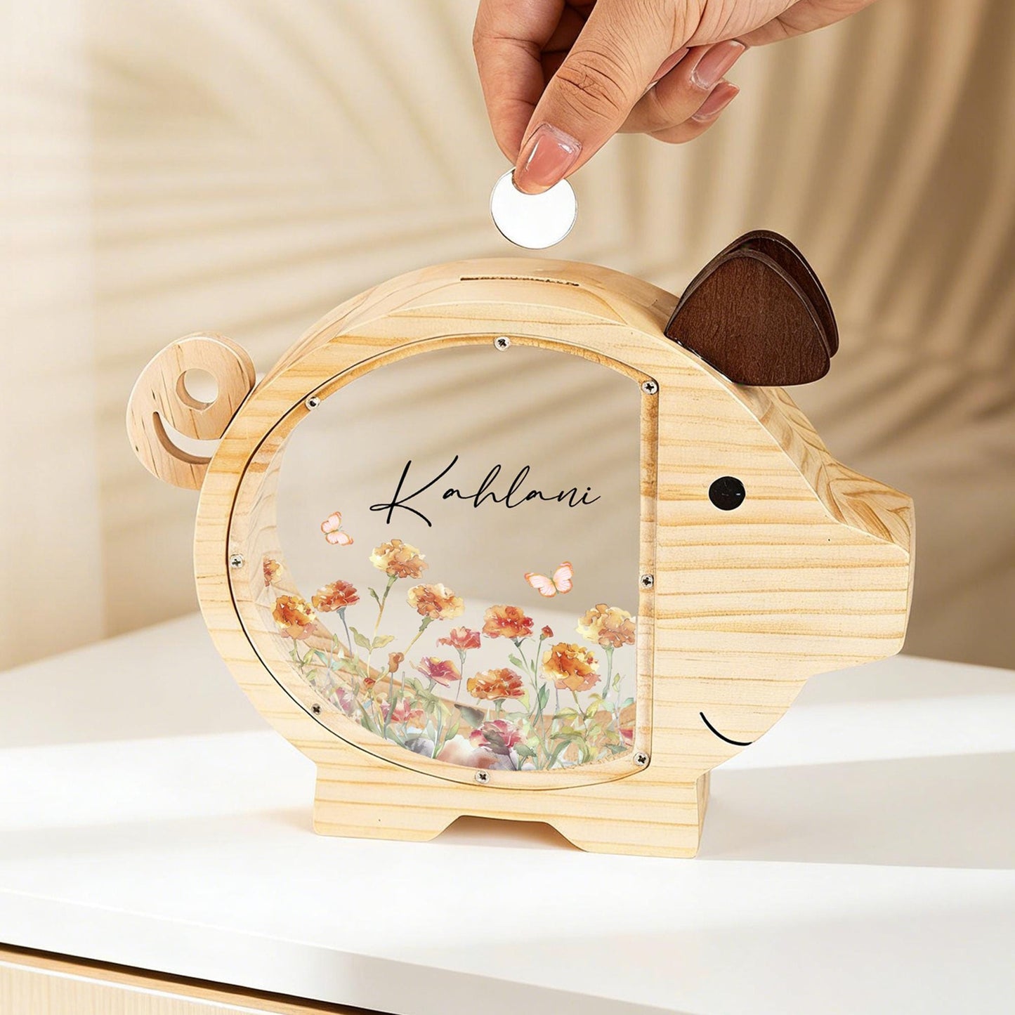 Personalized Wildflower Wooden Piggy Bank for Girls, Custom Name Money Box, Baby Shower Gift, Nursery Decor, First Birthday Gift
