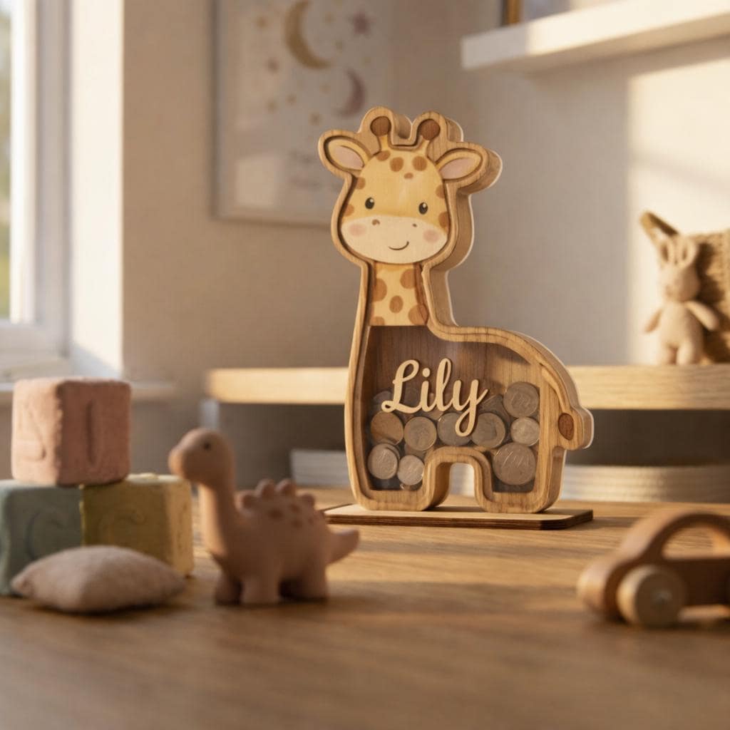 Personalized Giraffe Piggy Bank, Wooden Baby Bank with Name, Kids Money Saving Box, Nursery Decor, Custom Gift for Baby, Toddler Gift Idea