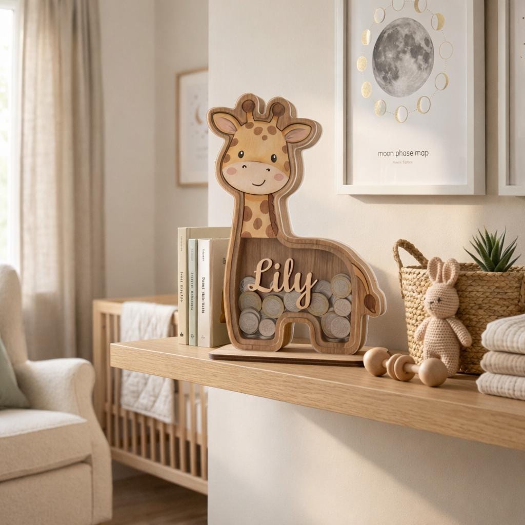 Personalized Giraffe Piggy Bank, Wooden Baby Bank with Name, Kids Money Saving Box, Nursery Decor, Custom Gift for Baby, Toddler Gift Idea