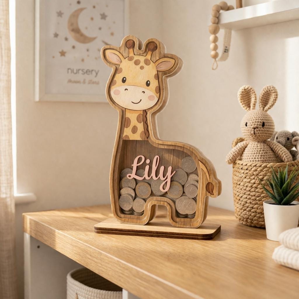 Personalized Giraffe Piggy Bank, Wooden Baby Bank with Name, Kids Money Saving Box, Nursery Decor, Custom Gift for Baby, Toddler Gift Idea