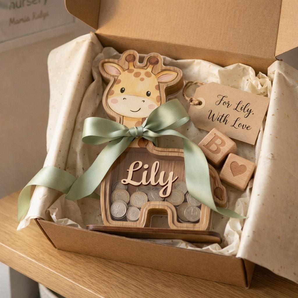 Personalized Giraffe Piggy Bank, Wooden Baby Bank with Name, Kids Money Saving Box, Nursery Decor, Custom Gift for Baby, Toddler Gift Idea