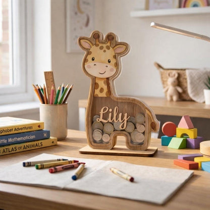 Personalized Giraffe Piggy Bank, Wooden Baby Bank with Name, Kids Money Saving Box, Nursery Decor, Custom Gift for Baby, Toddler Gift Idea