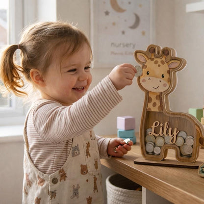 Personalized Giraffe Piggy Bank, Wooden Baby Bank with Name, Kids Money Saving Box, Nursery Decor, Custom Gift for Baby, Toddler Gift Idea