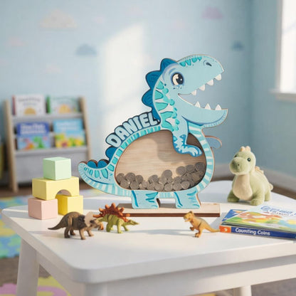 Personalized Wooden Dinosaur Piggy Bank, Custom Name Kids Coin Bank, Dino Money Box