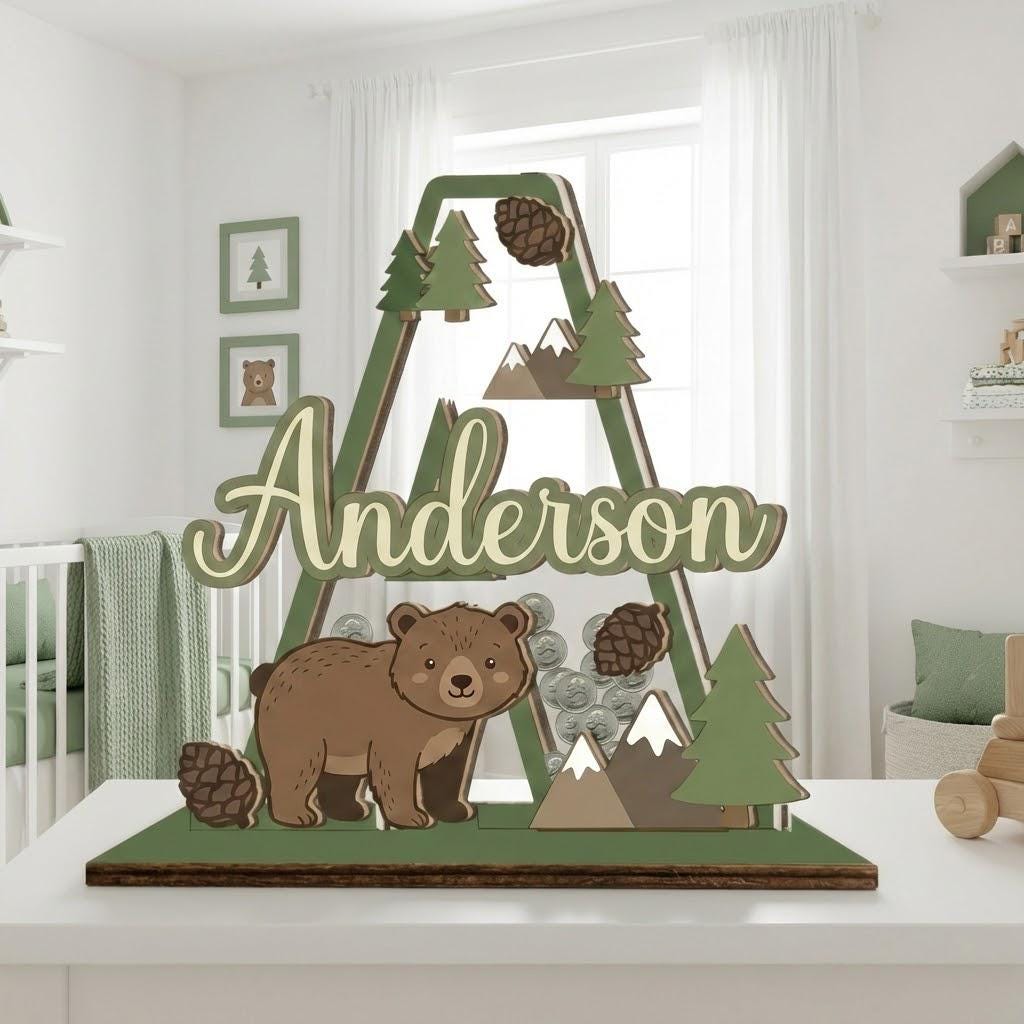 Personalized Woodland Bear Piggy Bank | Custom Name, Wood & Acrylic Nursery Decor