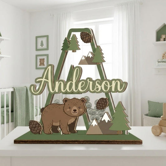 Personalized Woodland Bear Piggy Bank | Custom Name, Wood & Acrylic Nursery Decor