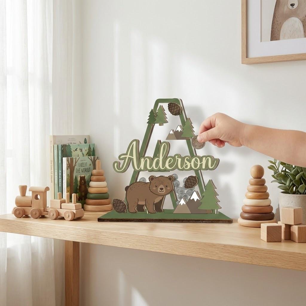 Personalized Woodland Bear Piggy Bank | Custom Name, Wood & Acrylic Nursery Decor