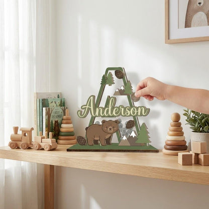 Personalized Woodland Bear Piggy Bank | Custom Name, Wood & Acrylic Nursery Decor