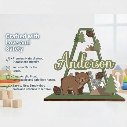 Personalized Woodland Bear Piggy Bank | Custom Name, Wood & Acrylic Nursery Decor
