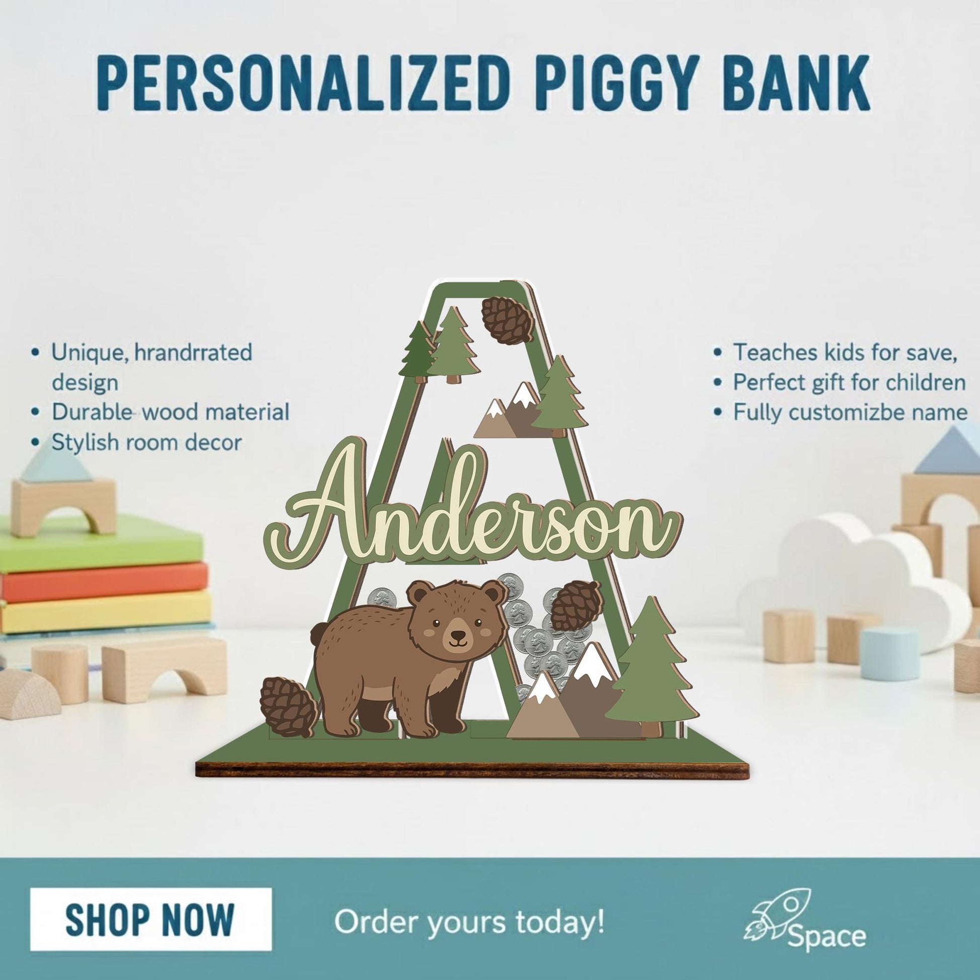Personalized Woodland Bear Piggy Bank | Custom Name, Wood & Acrylic Nursery Decor