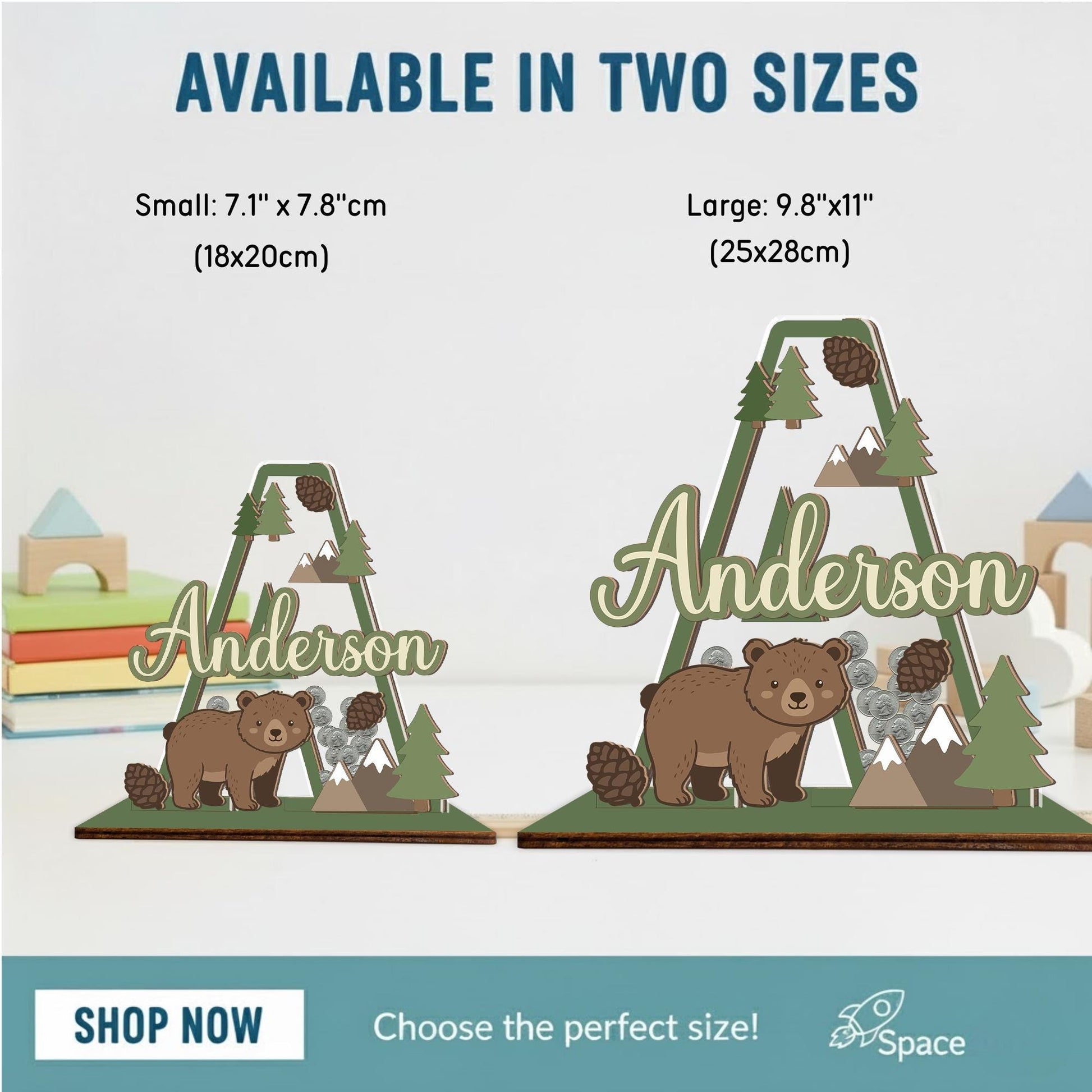 Personalized Woodland Bear Piggy Bank | Custom Name, Wood & Acrylic Nursery Decor