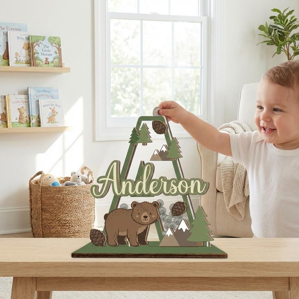 Personalized Woodland Bear Piggy Bank | Custom Name, Wood & Acrylic Nursery Decor
