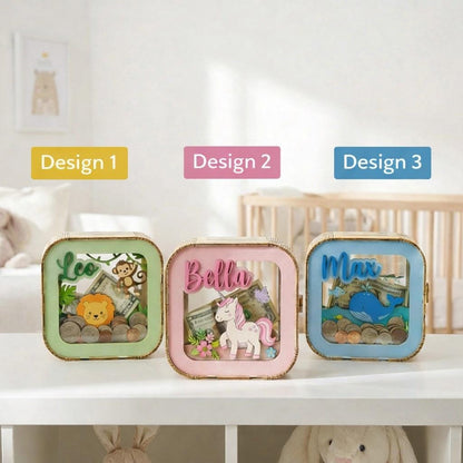Personalized Kids Piggy Bank | Custom Name Wooden Money Box | Nursery Decor Savings Bank | Baby Shower Gift | Kids Coin Bank