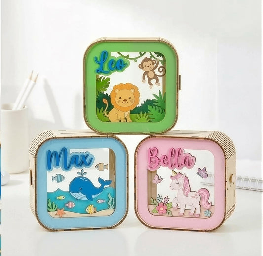 Personalized Kids Piggy Bank | Custom Name Wooden Money Box | Nursery Decor Savings Bank | Baby Shower Gift | Kids Coin Bank