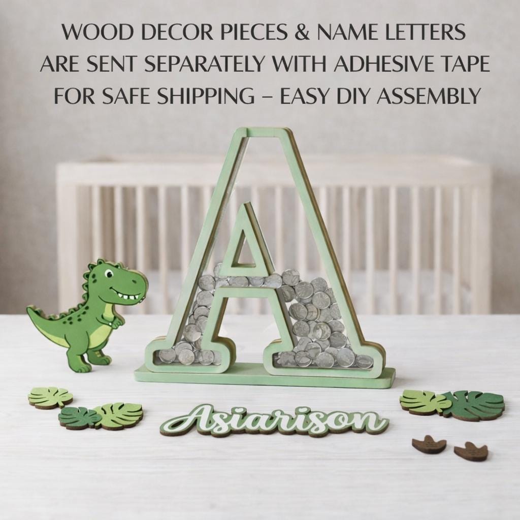 Personalized Dinosaur Piggy Bank Letter, Custom Name Coin Bank, Wooden Kids Saving Bank, Dinosaur Nursery Decor, Kids Gift