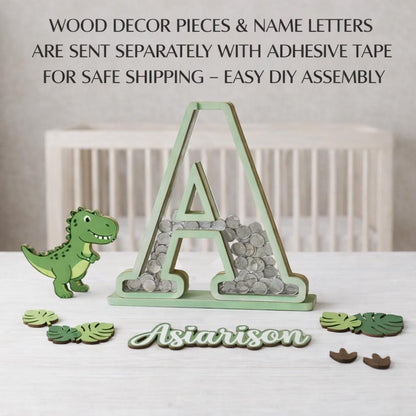 Personalized Dinosaur Piggy Bank Letter, Custom Name Coin Bank, Wooden Kids Saving Bank, Dinosaur Nursery Decor, Kids Gift