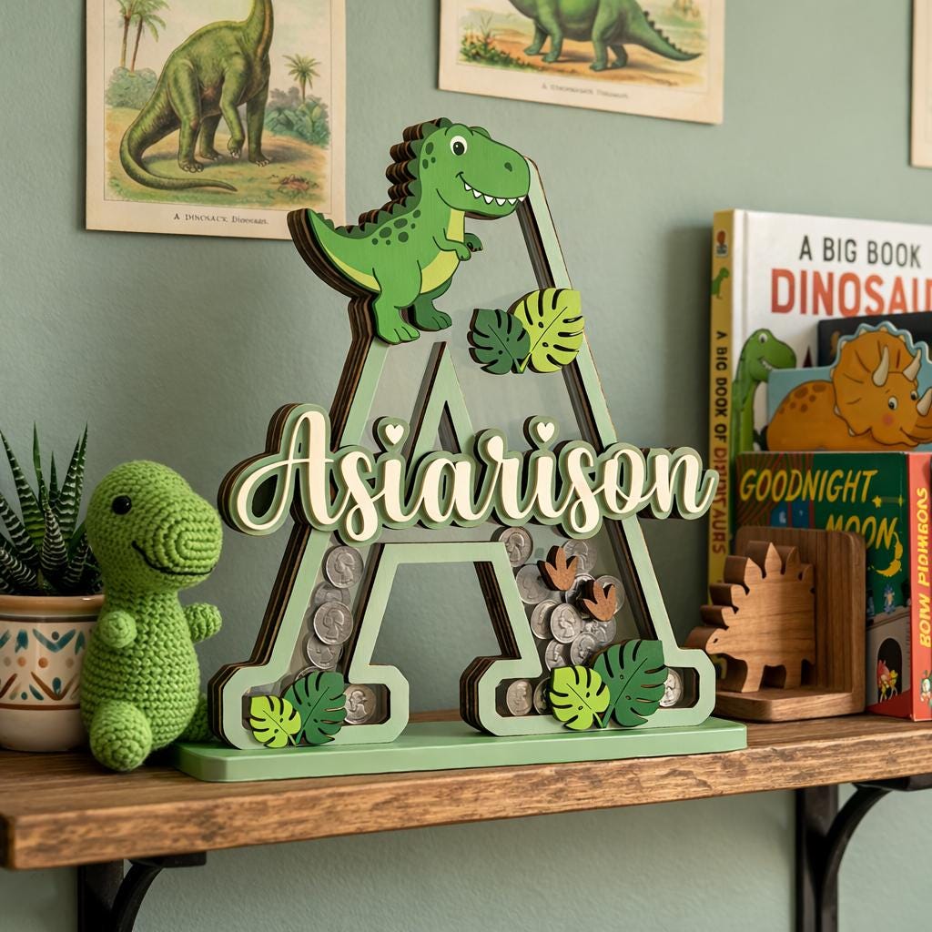 Personalized Dinosaur Piggy Bank Letter, Custom Name Coin Bank, Wooden Kids Saving Bank, Dinosaur Nursery Decor, Kids Gift