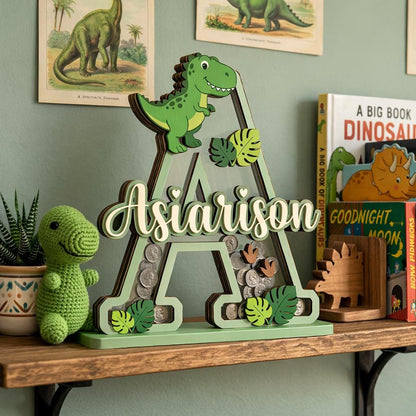 Personalized Dinosaur Piggy Bank Letter, Custom Name Coin Bank, Wooden Kids Saving Bank, Dinosaur Nursery Decor, Kids Gift