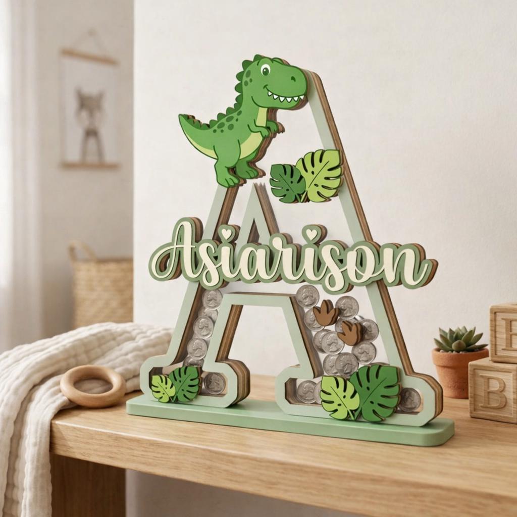 Personalized Dinosaur Piggy Bank Letter, Custom Name Coin Bank, Wooden Kids Saving Bank, Dinosaur Nursery Decor, Kids Gift