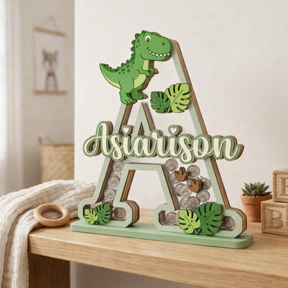 Personalized Dinosaur Piggy Bank Letter, Custom Name Coin Bank, Wooden Kids Saving Bank, Dinosaur Nursery Decor, Kids Gift