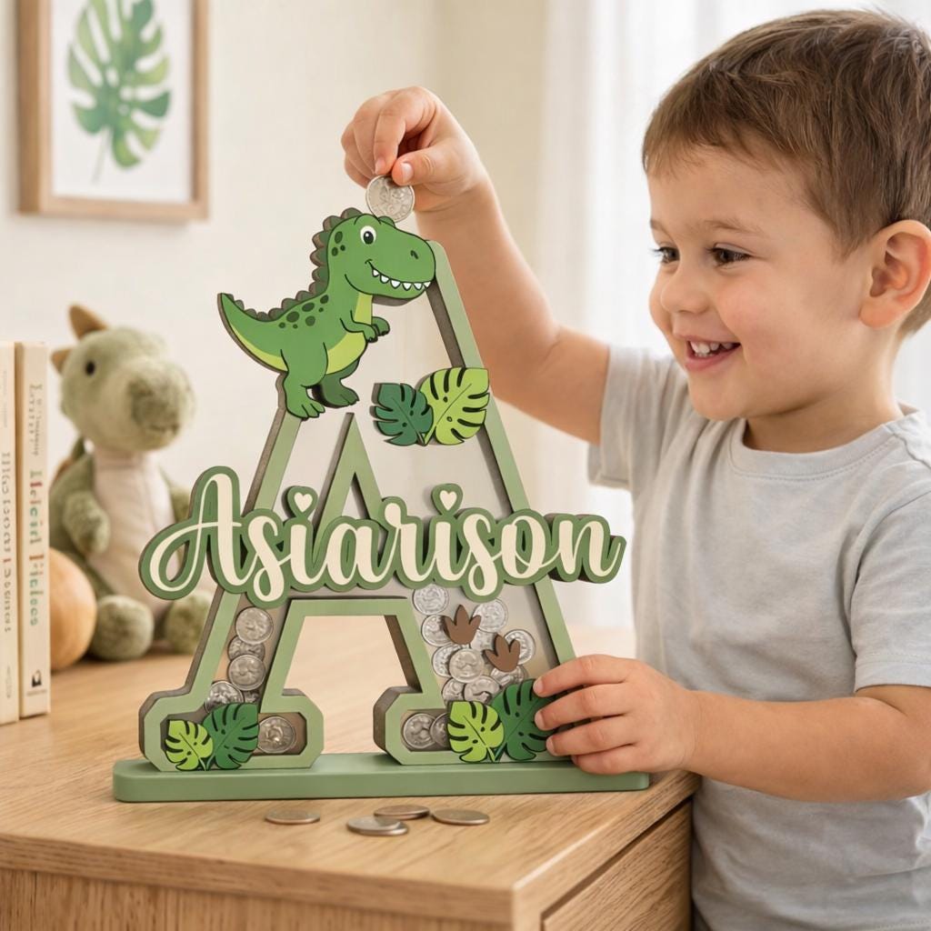 Personalized Dinosaur Piggy Bank Letter, Custom Name Coin Bank, Wooden Kids Saving Bank, Dinosaur Nursery Decor, Kids Gift