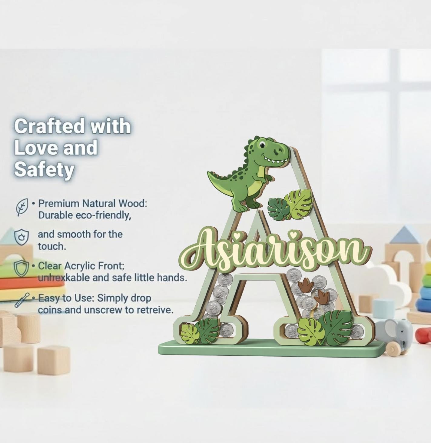 Personalized Dinosaur Piggy Bank Letter, Custom Name Coin Bank, Wooden Kids Saving Bank, Dinosaur Nursery Decor, Kids Gift