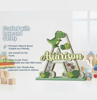 Personalized Dinosaur Piggy Bank Letter, Custom Name Coin Bank, Wooden Kids Saving Bank, Dinosaur Nursery Decor, Kids Gift