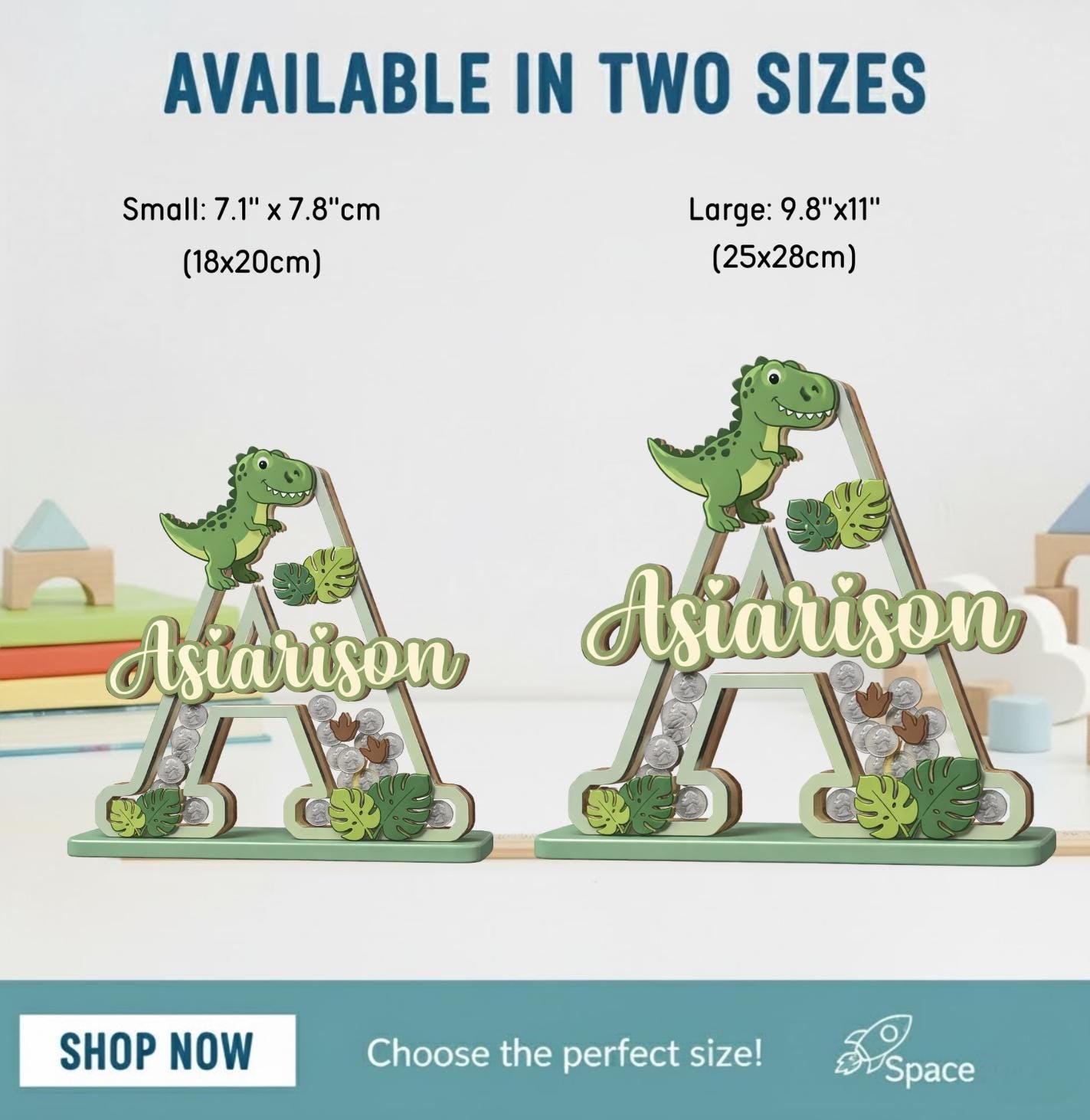 Personalized Dinosaur Piggy Bank Letter, Custom Name Coin Bank, Wooden Kids Saving Bank, Dinosaur Nursery Decor, Kids Gift