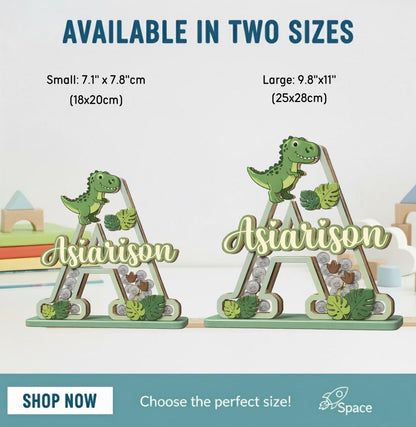 Personalized Dinosaur Piggy Bank Letter, Custom Name Coin Bank, Wooden Kids Saving Bank, Dinosaur Nursery Decor, Kids Gift