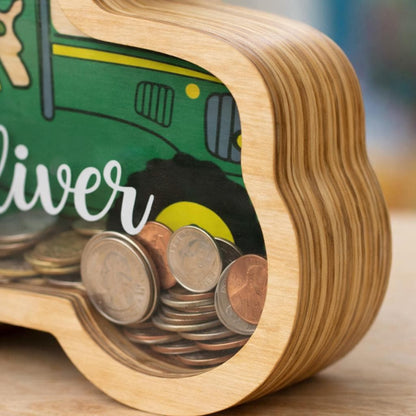 Personalized Tractor Wooden Piggy Bank, Custom Name Money Box, Wooden Kids Savings Bank, Boys Nursery Decor, Boy Birthday Gift