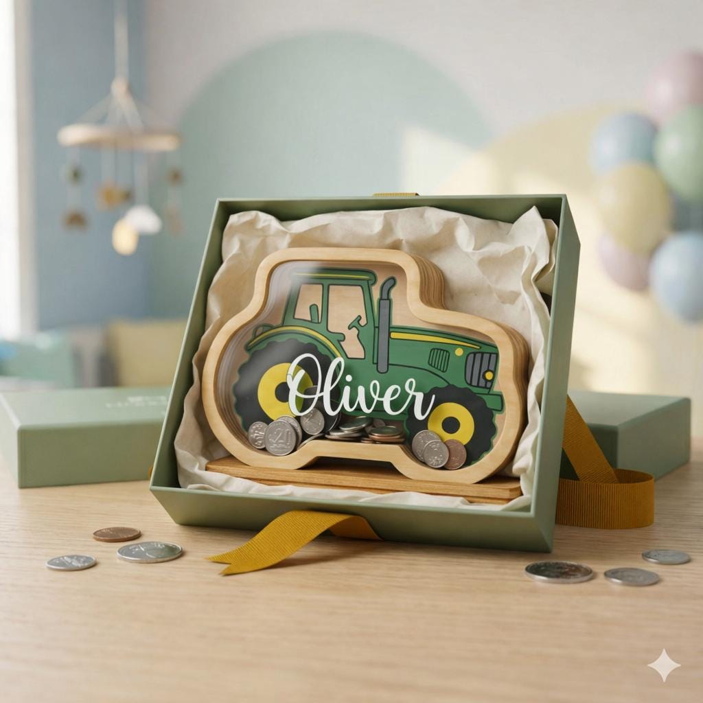 Personalized Tractor Wooden Piggy Bank, Custom Name Money Box, Wooden Kids Savings Bank, Boys Nursery Decor, Boy Birthday Gift