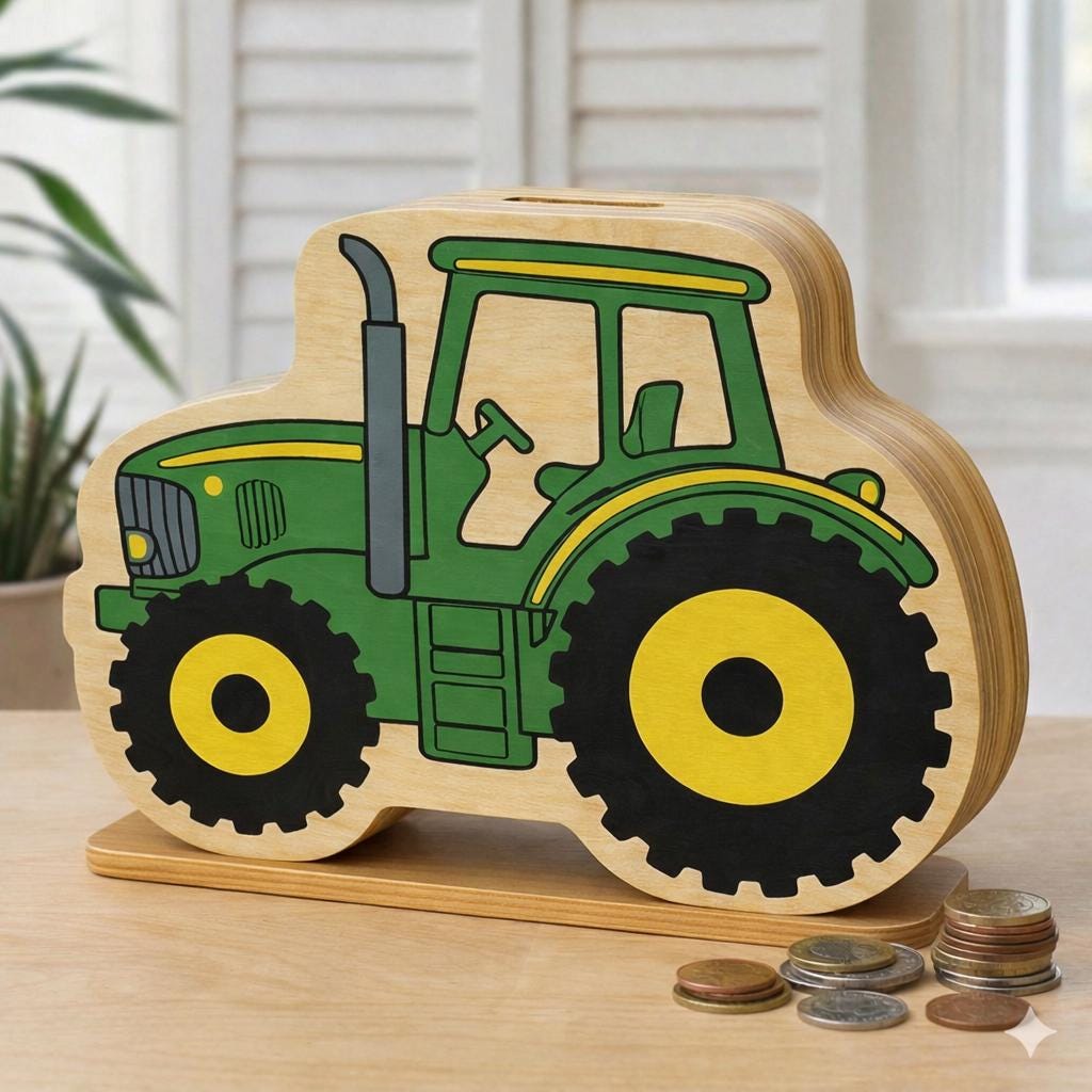 Personalized Tractor Wooden Piggy Bank, Custom Name Money Box, Wooden Kids Savings Bank, Boys Nursery Decor, Boy Birthday Gift