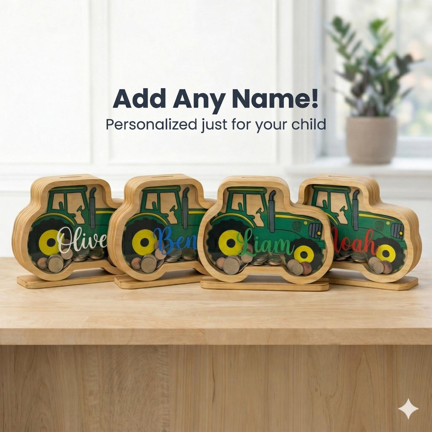 Personalized Tractor Wooden Piggy Bank, Custom Name Money Box, Wooden Kids Savings Bank, Boys Nursery Decor, Boy Birthday Gift