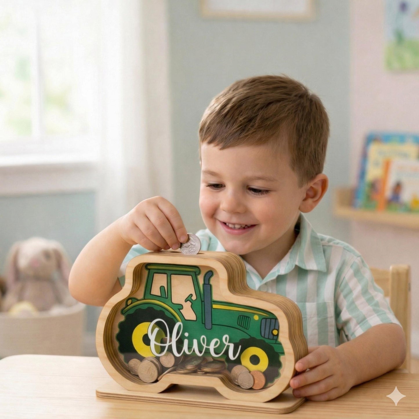 Personalized Tractor Wooden Piggy Bank, Custom Name Money Box, Wooden Kids Savings Bank, Boys Nursery Decor, Boy Birthday Gift
