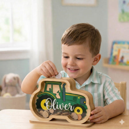 Personalized Tractor Wooden Piggy Bank, Custom Name Money Box, Wooden Kids Savings Bank, Boys Nursery Decor, Boy Birthday Gift