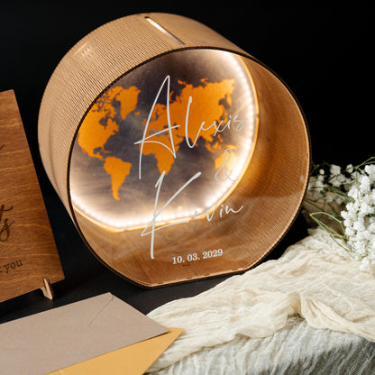 Personalized World Map Wedding Card Box with LED Light, Custom Names Holder
