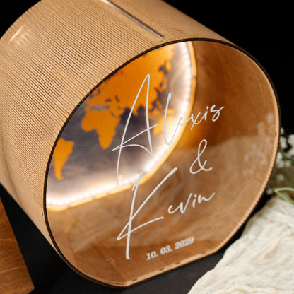 Personalized World Map Wedding Card Box with LED Light, Custom Names Holder