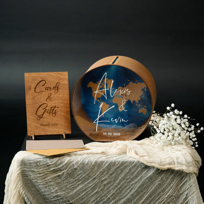 Personalized Wedding Card Box: World Map Travel Theme, Acrylic Envelope Holder, Names & Date