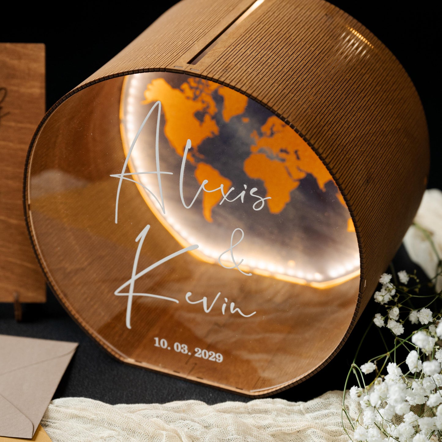 Custom World Map Wedding Card Box, Personalized Travel Theme Acrylic Wood Holder, LED Light