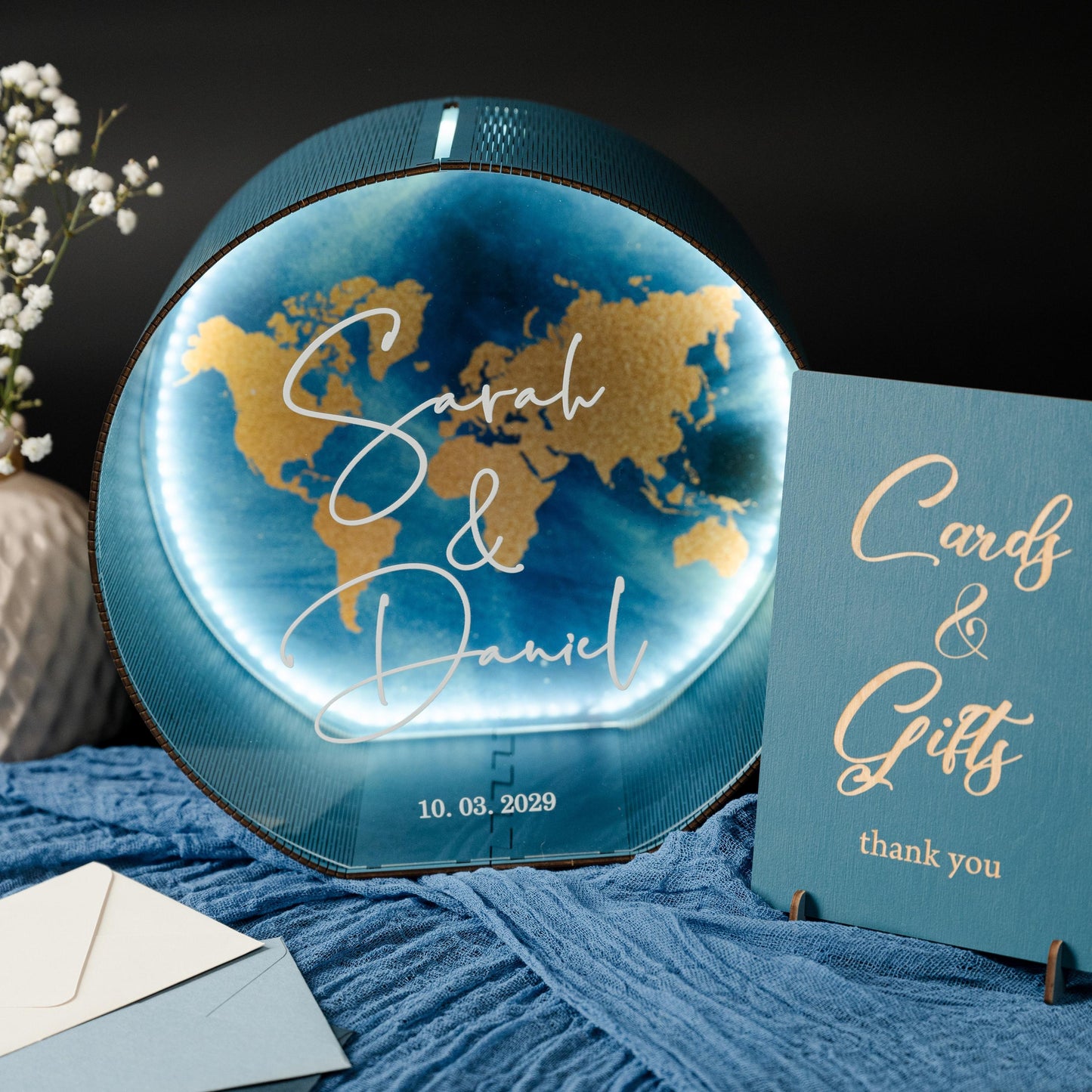 Personalized World Map Wedding Card Box with LED Light, Custom Names Holder