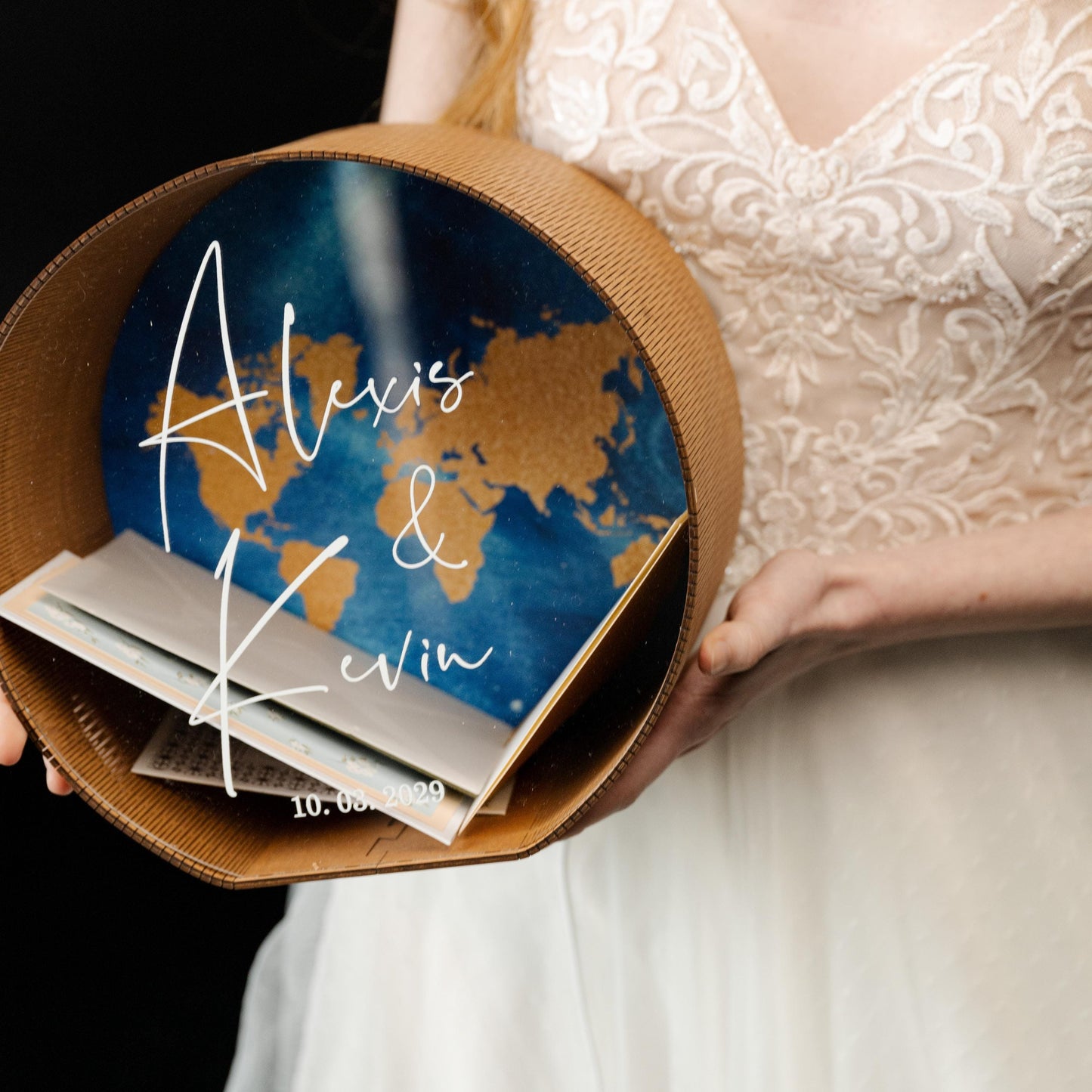 Personalized World Map Wedding Card Box with LED Light, Custom Names Holder