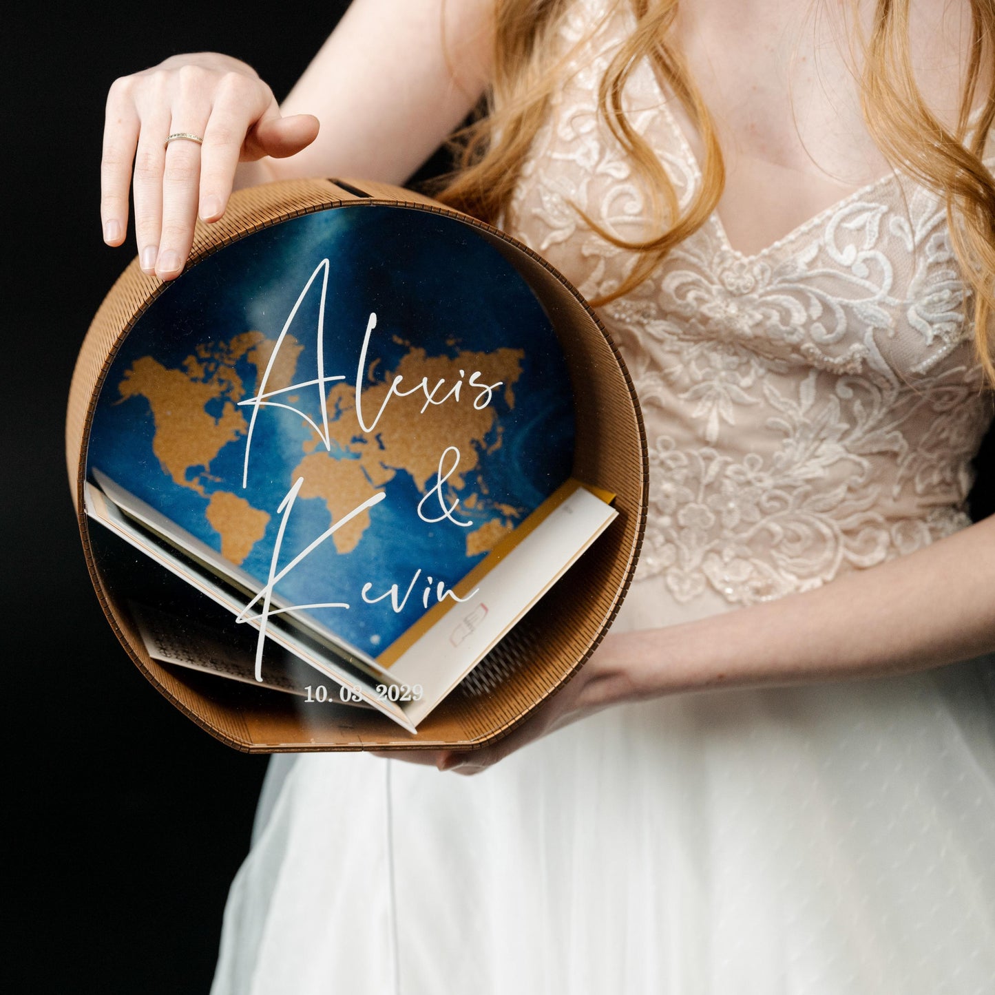 Personalized World Map Wedding Card Box with LED Light, Custom Names Holder